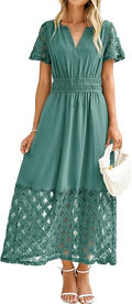Women's Maxi Dresses Boho Burnout V Neck Short Puff Sleeve Smocked Empire Waist Long Wedding Guest Semi Formal Dress Pockets