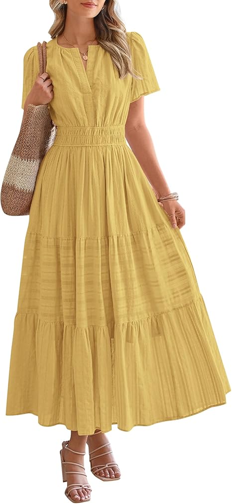 Womens Summer 2026 Casual Maxi Dresses | Lightweight Short Sleeve V Neck,Elastic Waist A Line Long Dress,Boho Beach Dress Pockets,Vacation Outfits,Fashion Clothing