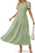 Women's Maxi Dresses Boho Burnout V Neck Short Puff Sleeve Smocked Empire Waist Long Wedding Guest Semi Formal Dress Pockets