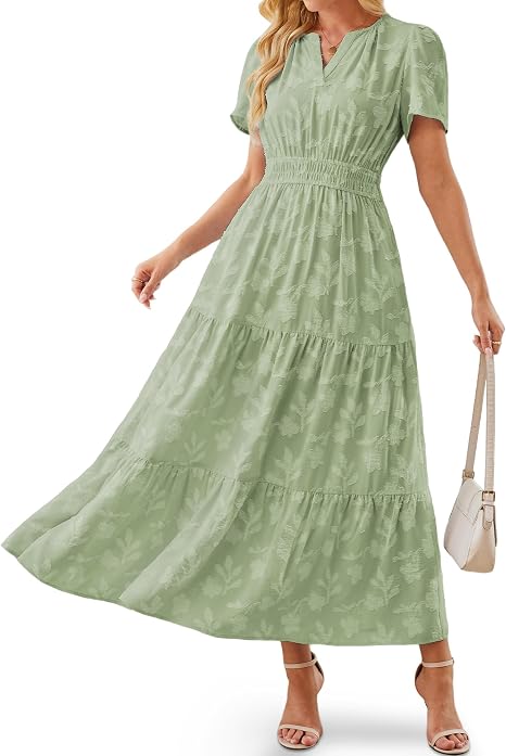 Women's Maxi Dresses Boho Burnout V Neck Short Puff Sleeve Smocked Empire Waist Long Wedding Guest Semi Formal Dress Pockets