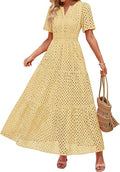 Women's Summer Casual V Neck Eyelet A Line Maxi Dresses | Short Sleeve, High Waist, Beach Vacation Long Dress, Wedding Guest, Cocktail Party Outfits, 2026 Fashion Trendy Clothes