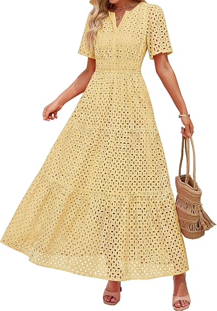 Women's Summer Casual V Neck Eyelet A Line Maxi Dresses | Short Sleeve, High Waist, Beach Vacation Long Dress, Wedding Guest, Cocktail Party Outfits, 2026 Fashion Trendy Clothes